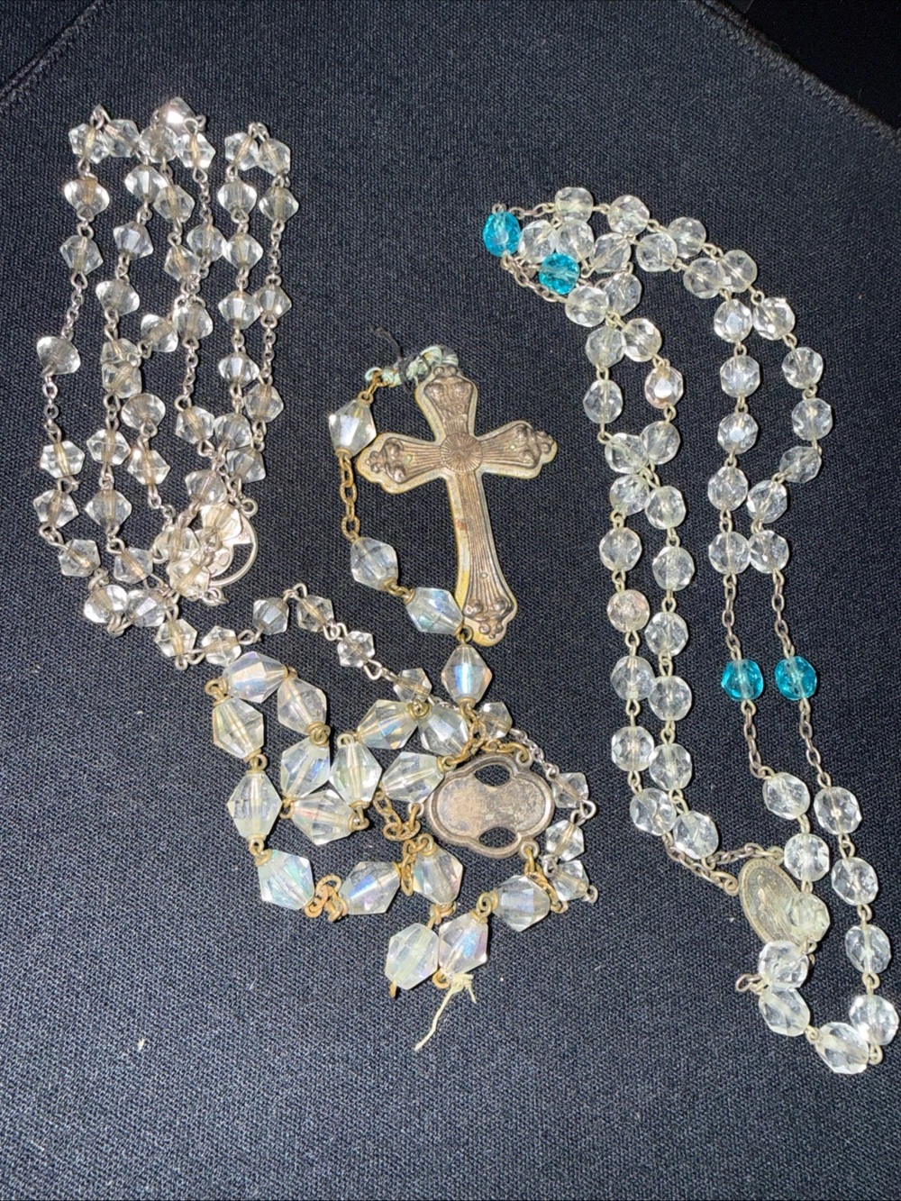 Crystal Bead Rosary Necklace with Cross - Clear and Teal